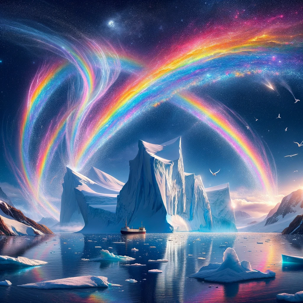 Princess Lely drawing a magnificent rainbow that connects two icebergs in Antarctica, with shimmering colors in the sky.