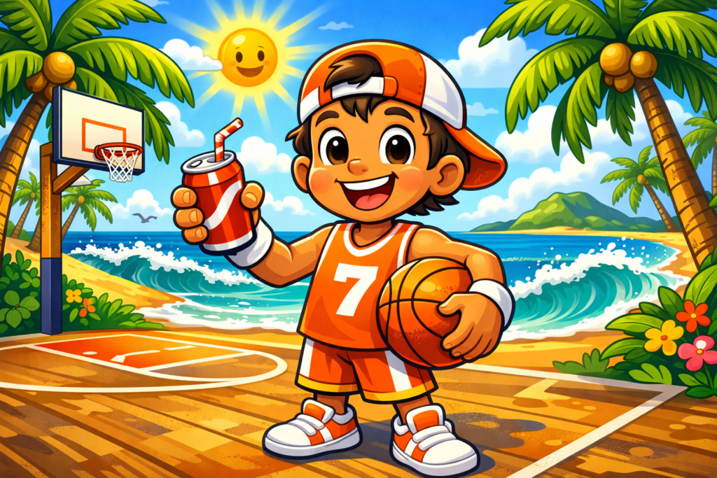 cartoon basketball player on tropical island court with soda