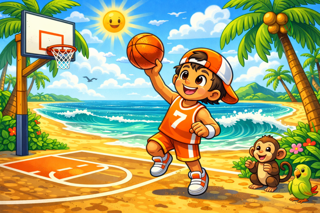 basketball player practicing on tropical island court