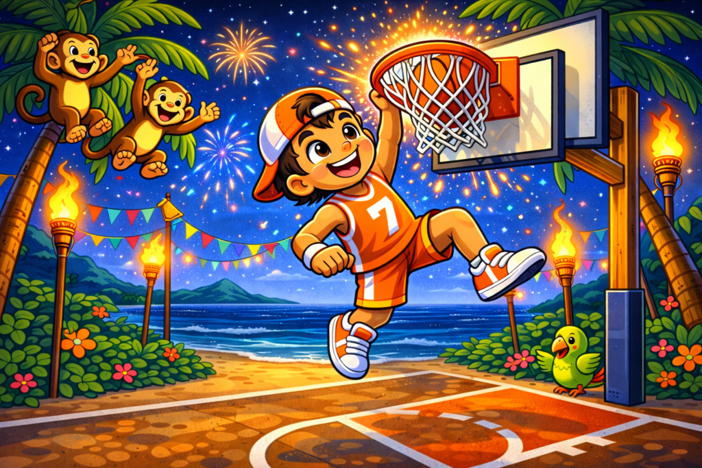 basketball player winning island basketball game at night