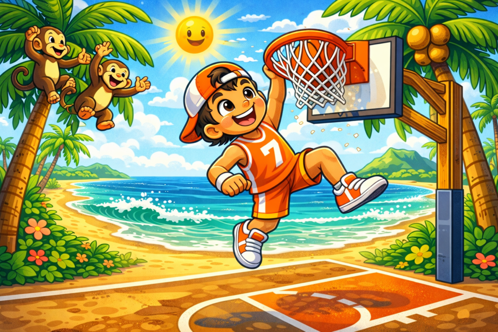 monkeys cheering as basketball player slam dunks