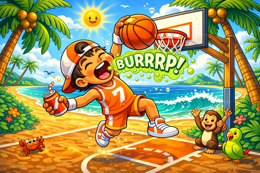 basketball player burping soda during dunk attempt